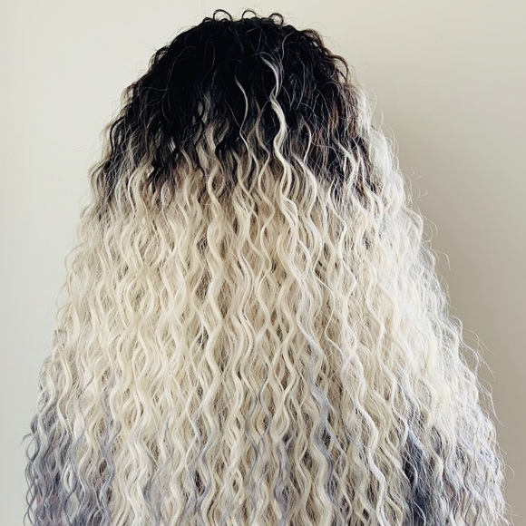 Wavy 28” Ombre White with Blue Lace Front Premium Fiber Wig - Picture 12 of 13